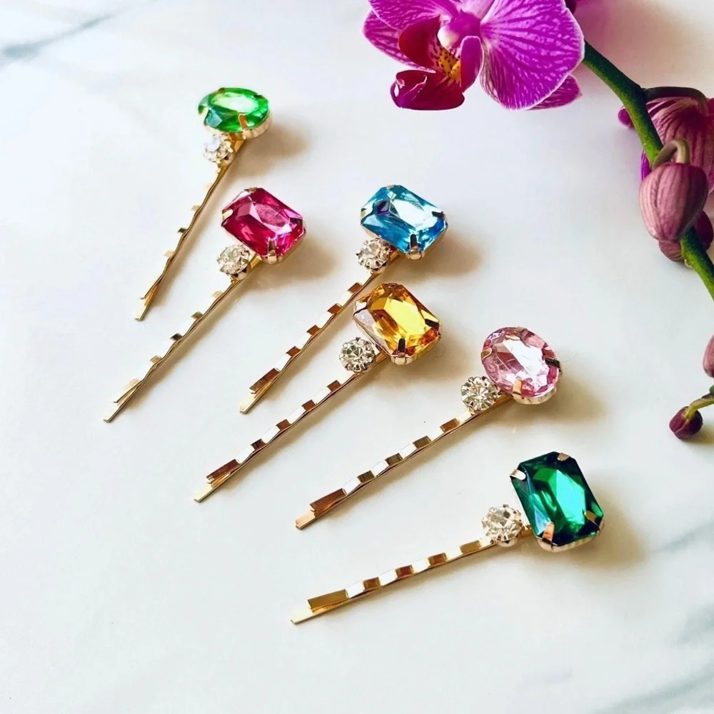 Colorful Rhinestone Gold Bobby Pin 6 pc Oval Rectangle Clip Hair Accessory NEW